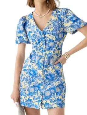 J.Crew Button Front Mini Dress Puff Sleeve Floral Twill Blue Yellow Garden 14
